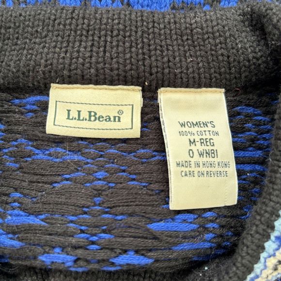 LL Bean Medium Cardigan Sweater Blue Norwegian Fair Isle Cotton Snowflake Nordic - Picture 3 of 5